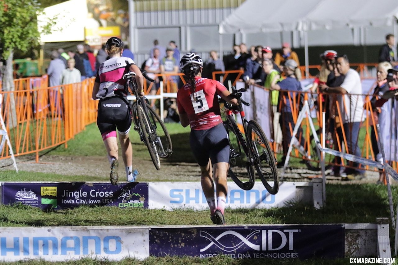 Manon Bakker and Jenn Jackson quickly broke off the front. 2019 Jingle Cross Friday Night Elite Women. © D. Mable / Cyclocross Magazine