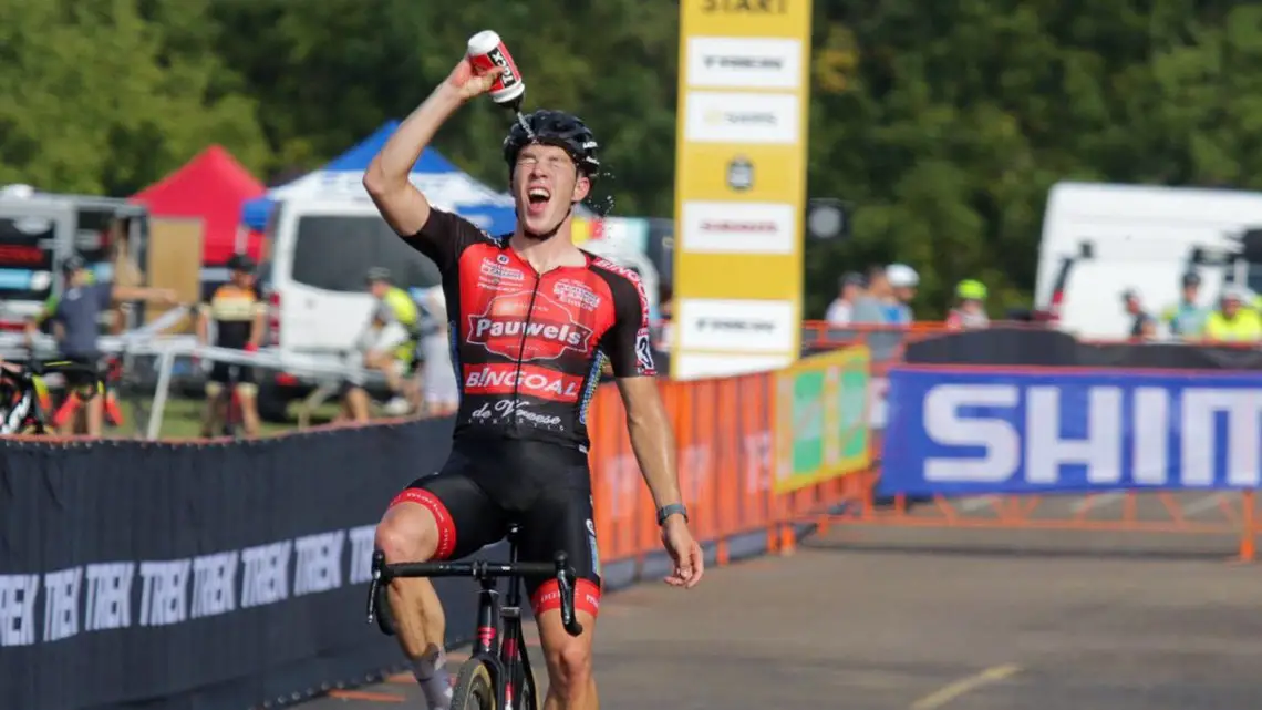 Laurens Sweeck cools down after a hot 2019 Trek CX Cup win. © D. Mable / Cyclocross Magazine