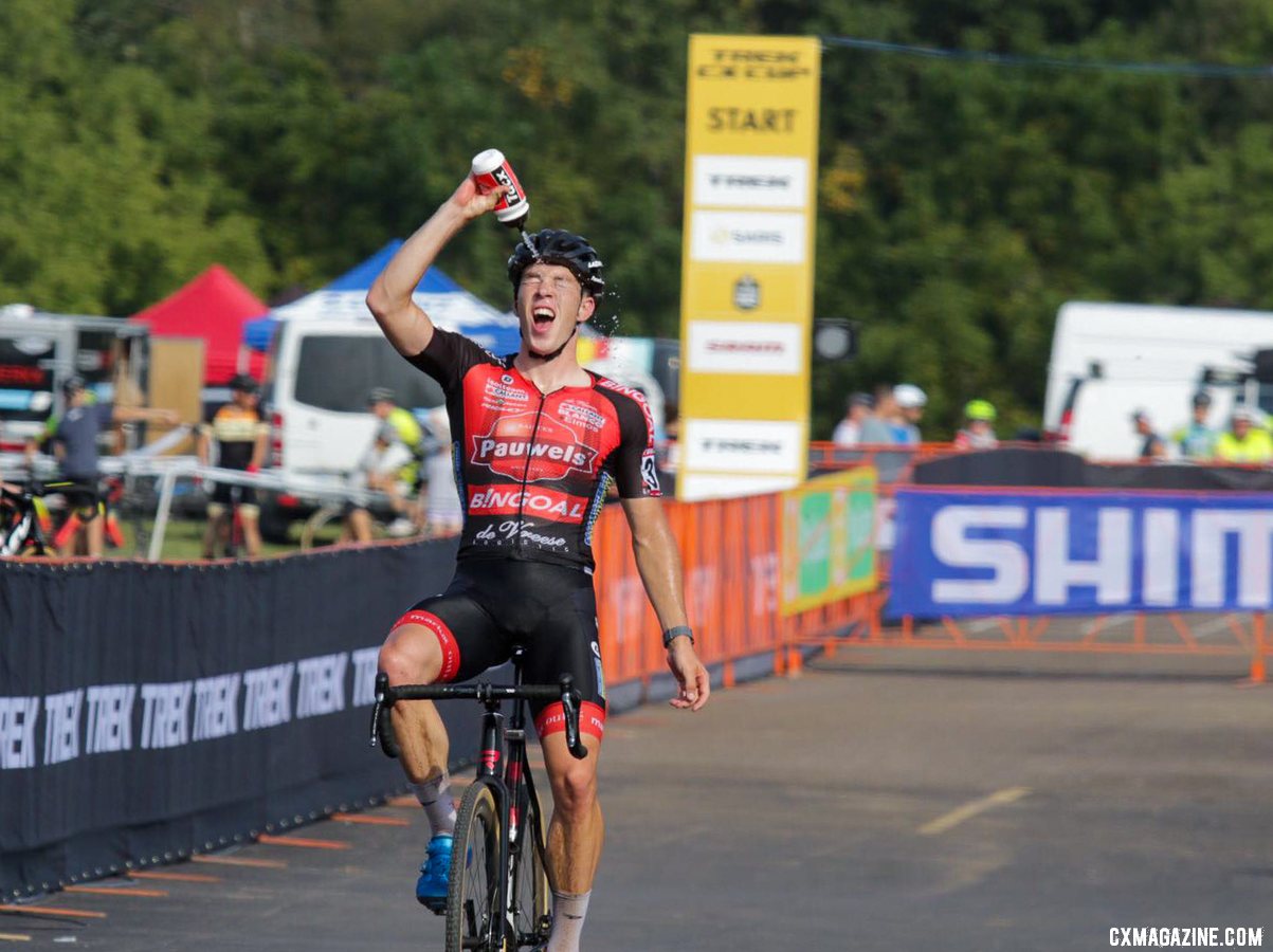 Laurens Sweeck cools down after a hot 2019 Trek CX Cup win. © D. Mable / Cyclocross Magazine