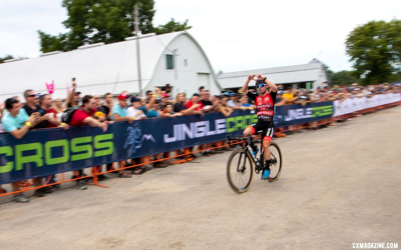 Eli Iserbyt celebrates his World Cup win. 2019 Jingle Cross World Cup, Elite Men. © A. Yee / Cyclocross Magazine