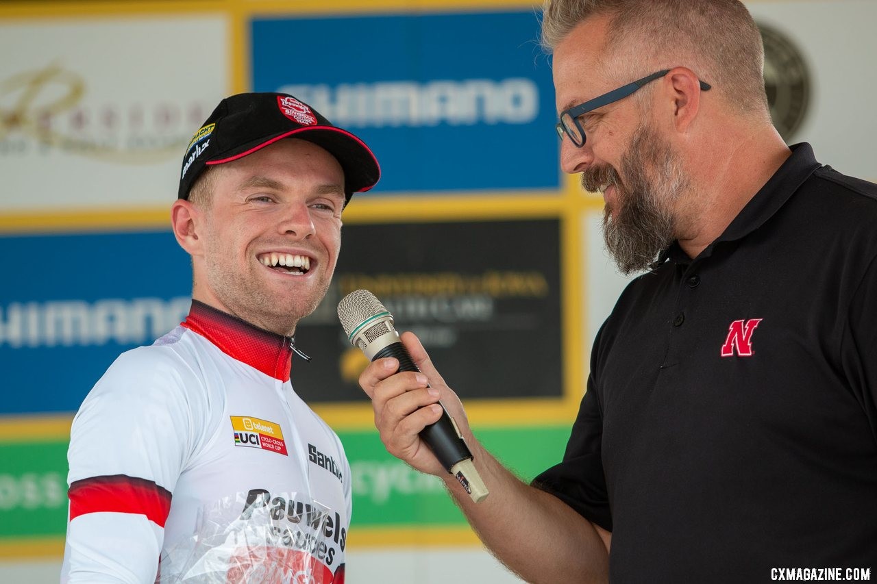 Eli Iserbyt is all smiles after his 2019 Jingle Cross World Cup win. Elite Men. © A. Yee / Cyclocross Magazine