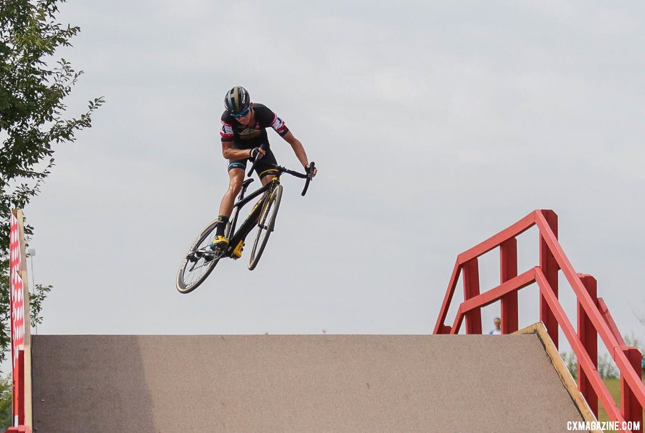 Thibau Nys takes flight at the 2019 Trek CX Cup. © D. Mable / Cyclocross Magazine