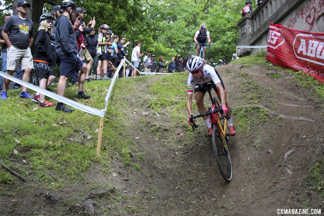 Maghalie Rochette led into Double Trouble and attacked soon after. 2019 Rochester Cyclocross Day 1. © Z. Schuster / Cyclocross Magazine