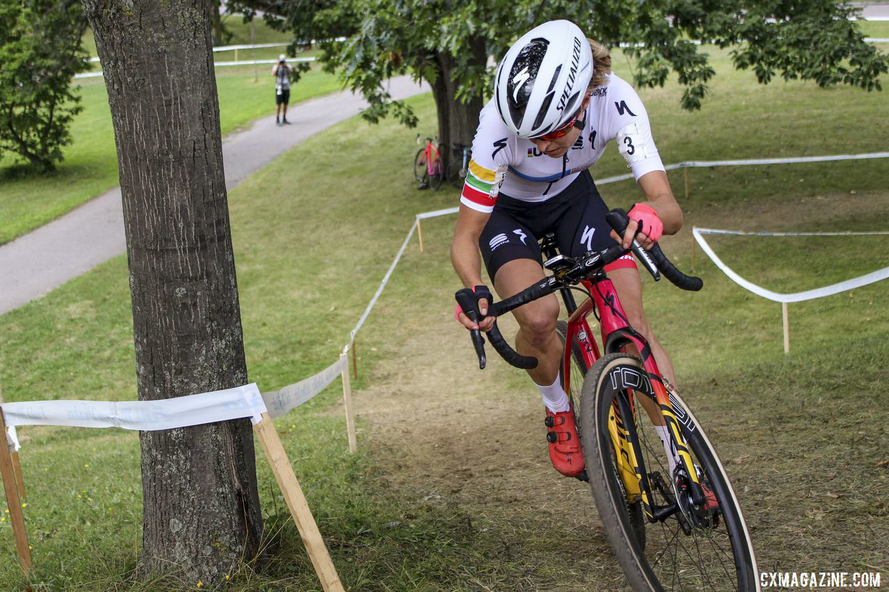 Rochette opted for a 38t ring on Sunday to help get up this steep hill. 2019 Rochester Cyclocross Day 1. © Z. Schuster / Cyclocross Magazine