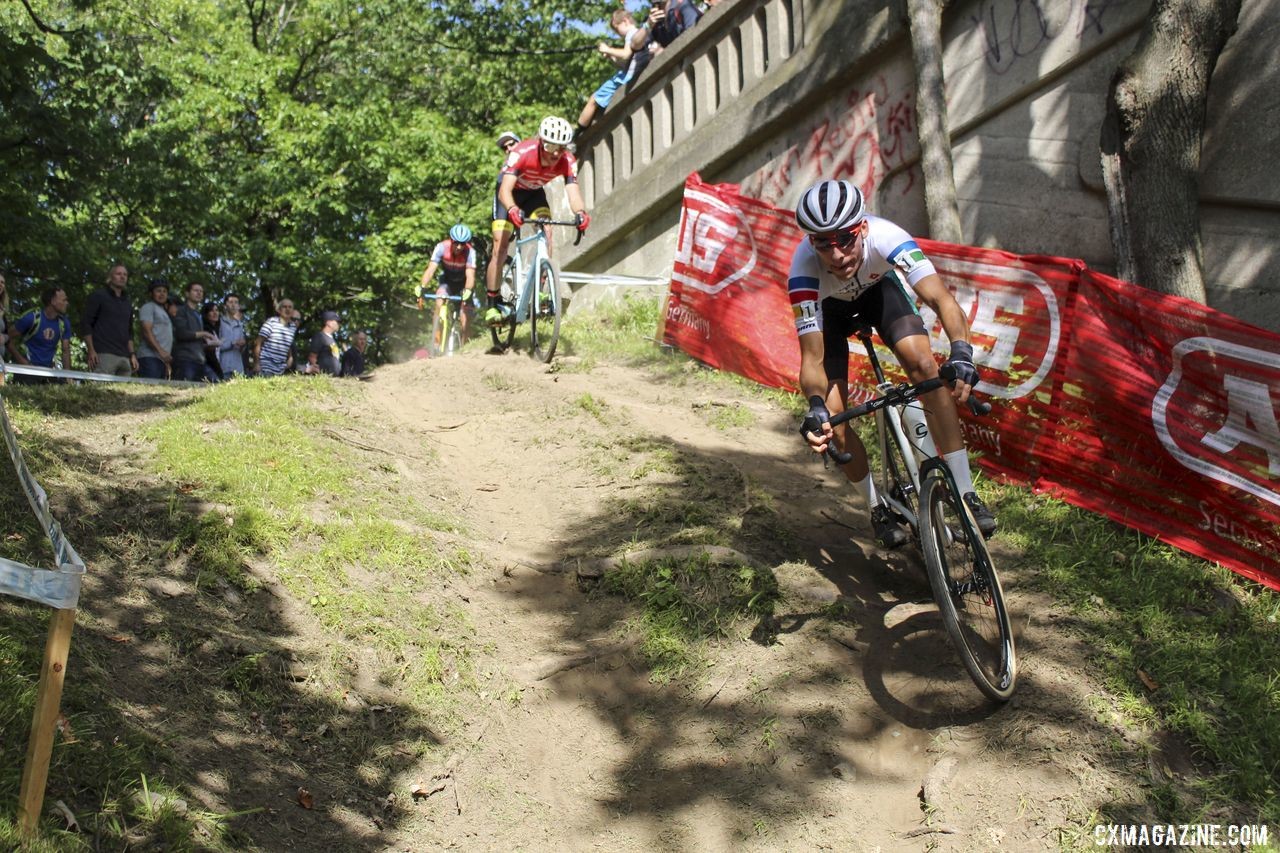 Curtis White leads the plunge down Double Trouble in Lap 1. 2019 Rochester Cyclocross Day 1. © Z. Schuster / Cyclocross Magazine