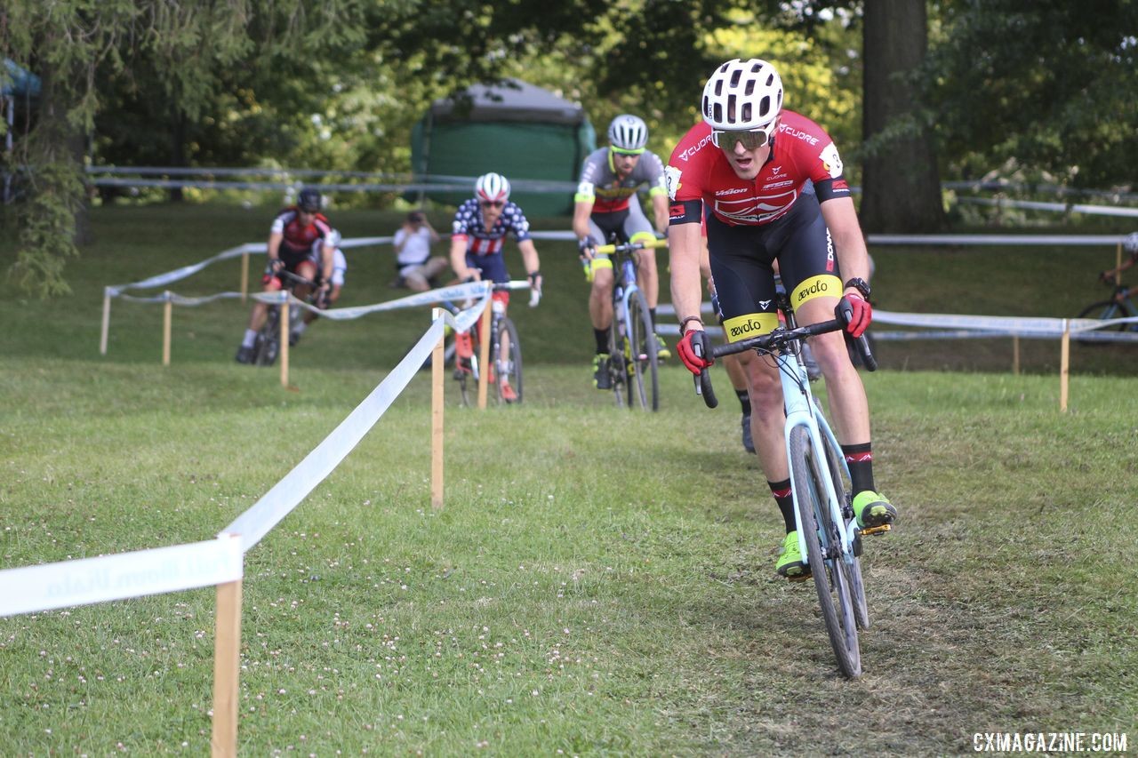 Gage Hecht leads a long line of riders early in the race. 2019 Rochester Cyclocross Day 1. © Z. Schuster / Cyclocross Magazine