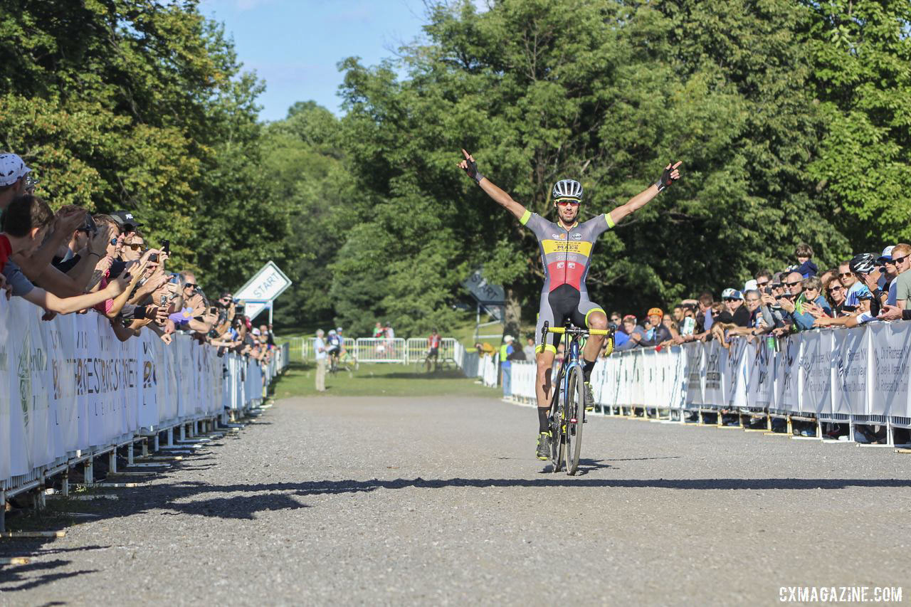 Vincent Baestaens celebrates his win. 2019 Rochester Cyclocross Day 1. © Z. Schuster / Cyclocross Magazine