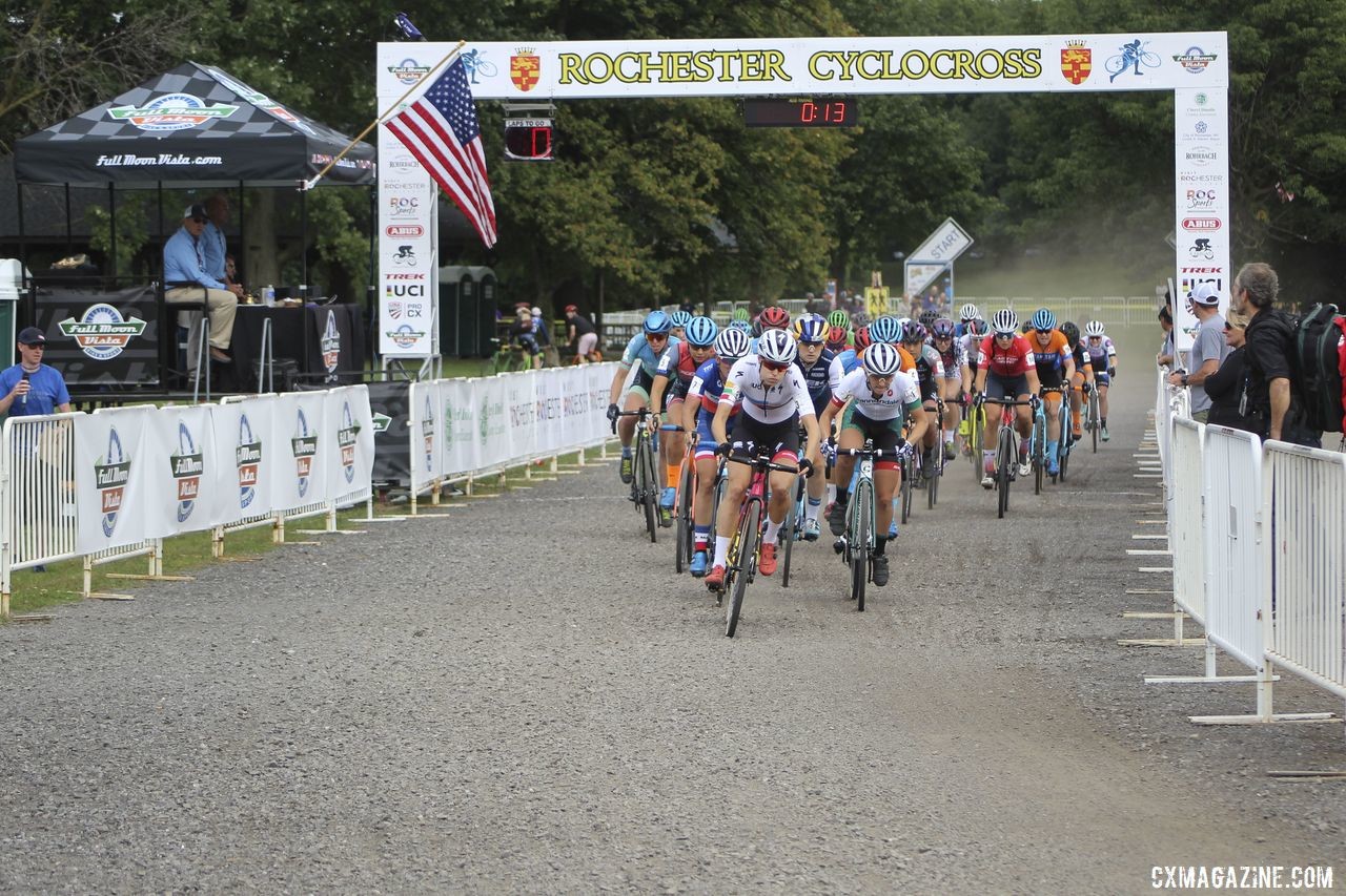 Maghalie Rochette took the holeshot on Sunday. 2019 Rochester Cyclocross Day 2. © Z. Schuster / Cyclocross Magazine