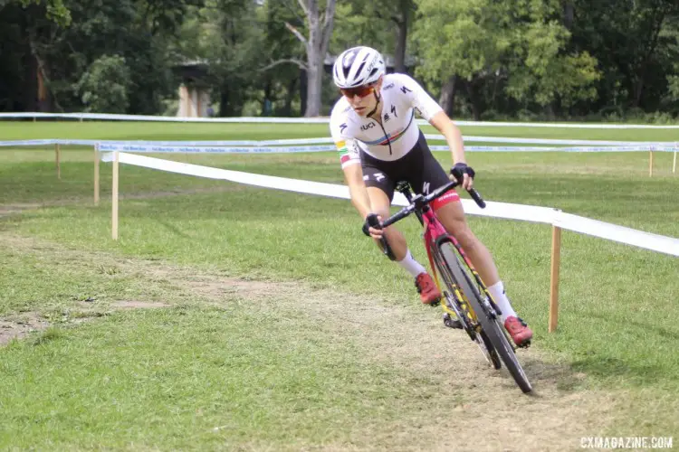 Maghalie Rochette rails a corner while solo off the front. 2019 Rochester Cyclocross Day 2. © Z. Schuster / Cyclocross Magazine