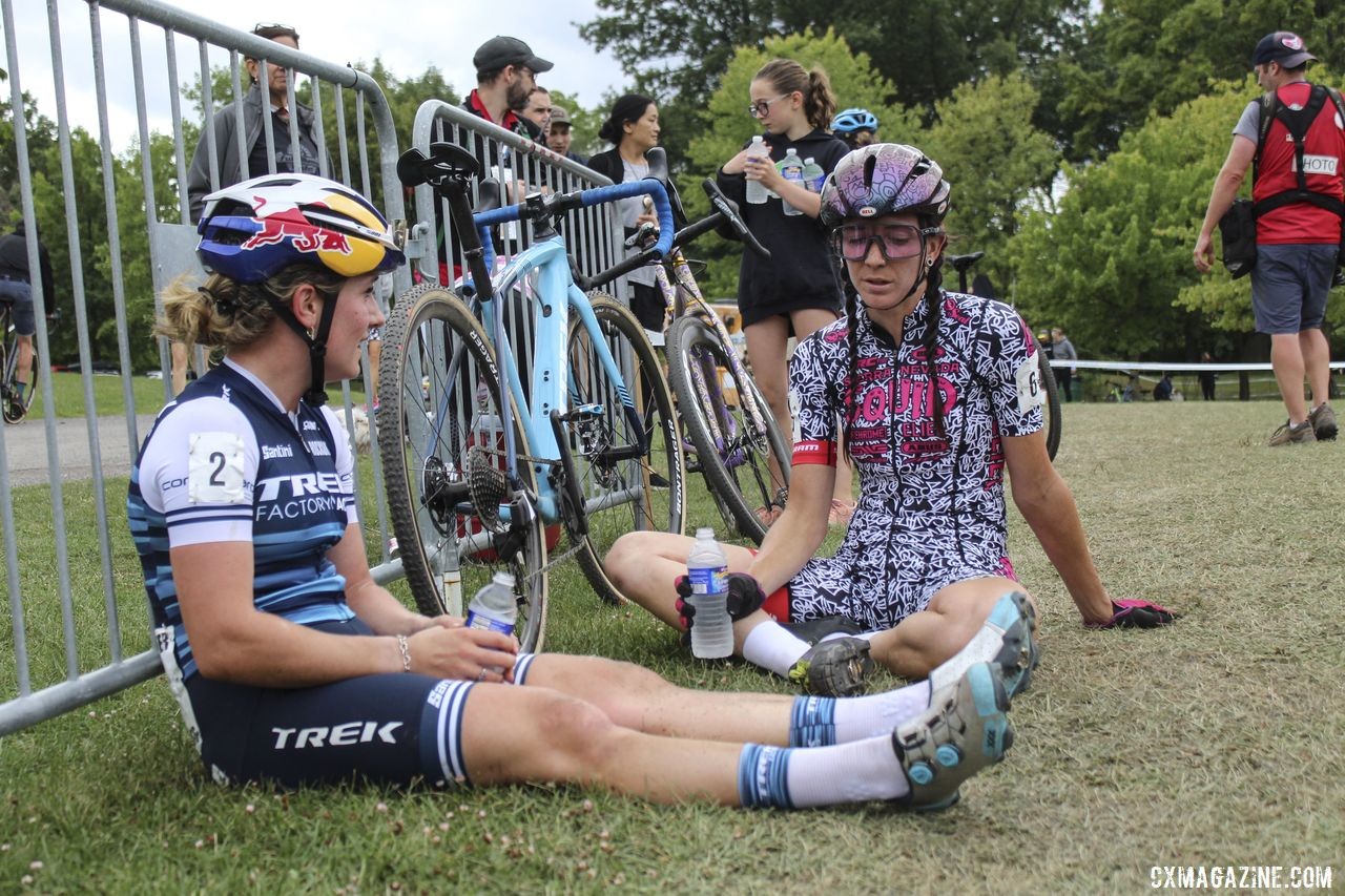 Ellen Noble and Sammi Runnels chat after a fast afternoon of racing. 2019 Rochester Cyclocross Day 2. © Z. Schuster / Cyclocross Magazine
