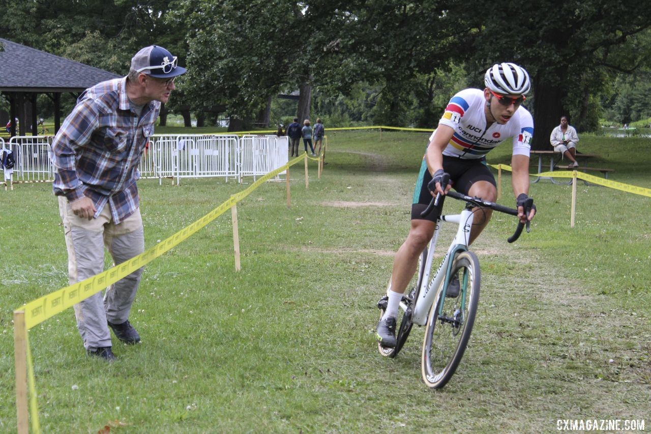 Curtis White receives encouragement after going solo. 2019 Rochester Cyclocross Day 2. © Z. Schuster / Cyclocross Magazine