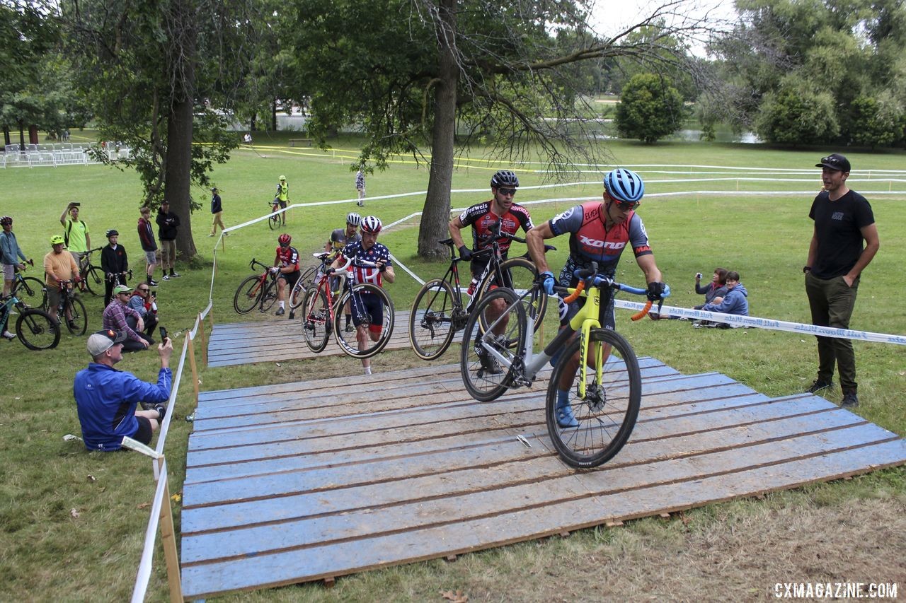 Kerry Werner leads the chase group up the Belgian Staircase. 2019 Rochester Cyclocross Day 2. © Z. Schuster / Cyclocross Magazine