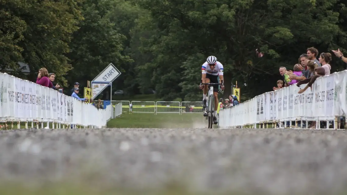 Curtis White powers down the start/finish straight at the bell. 2019 Rochester Cyclocross Day 2. © Z. Schuster / Cyclocross Magazine