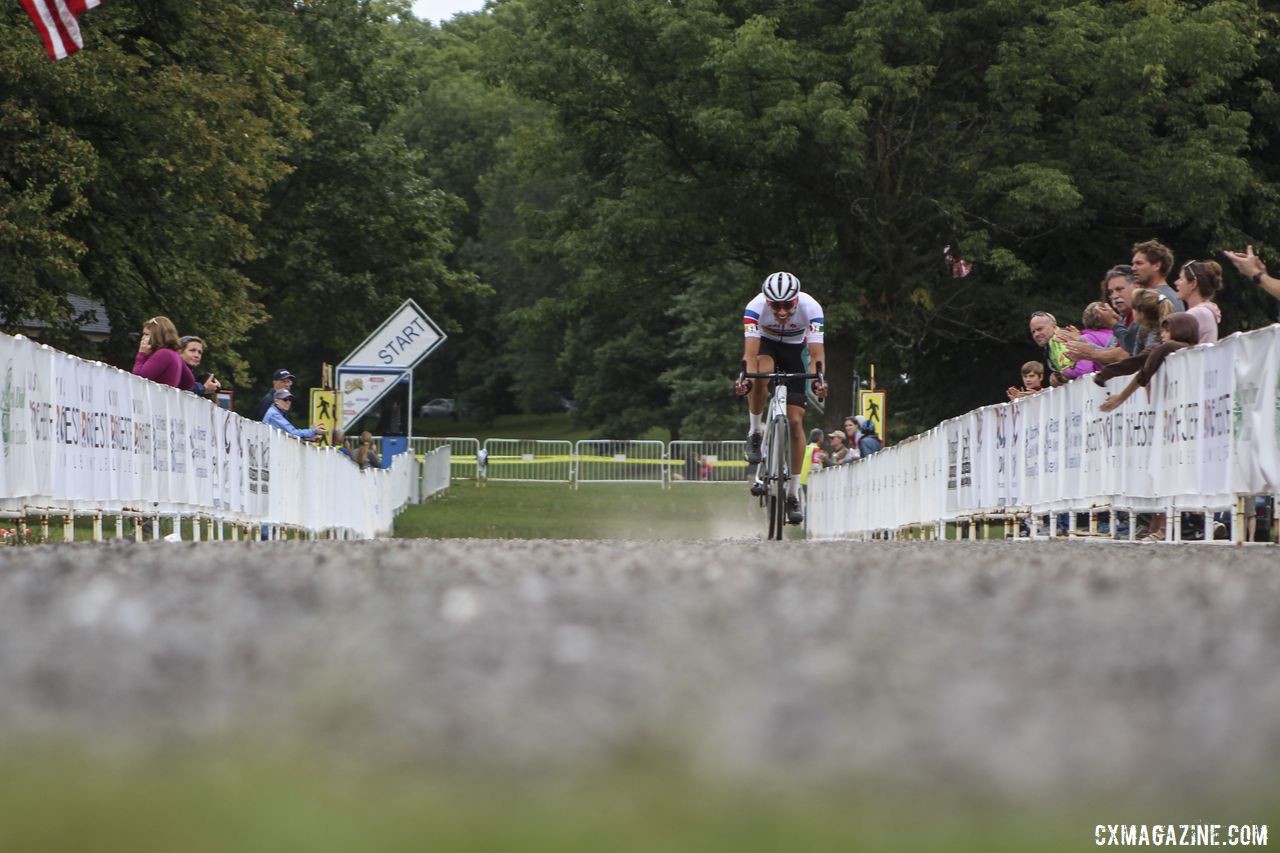 Curtis White powers down the start/finish straight at the bell. 2019 Rochester Cyclocross Day 2. © Z. Schuster / Cyclocross Magazine