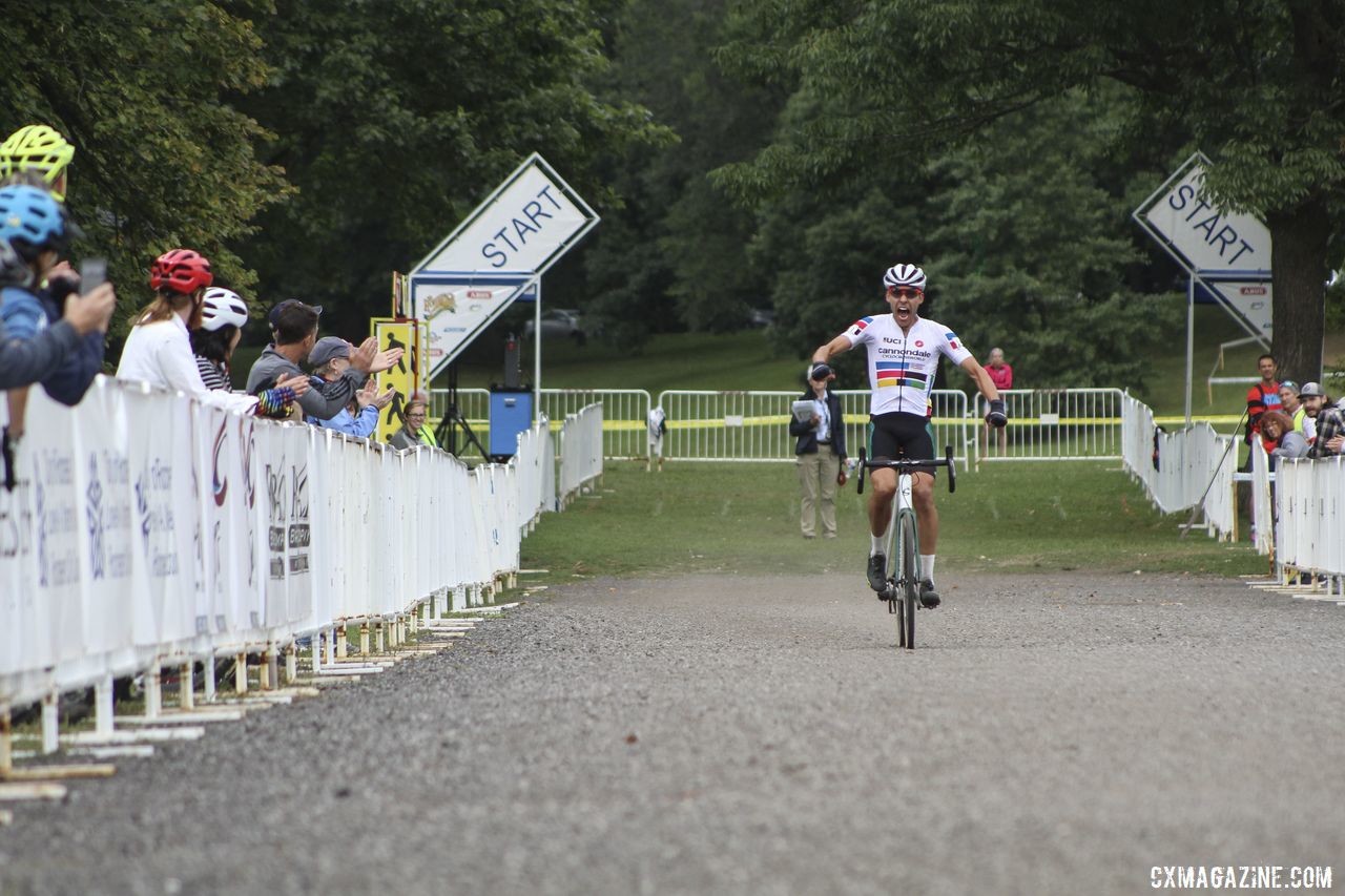 Curtis White was excited after winning with a Lap 5 attack. 2019 Rochester Cyclocross Day 2. © Z. Schuster / Cyclocross Magazine