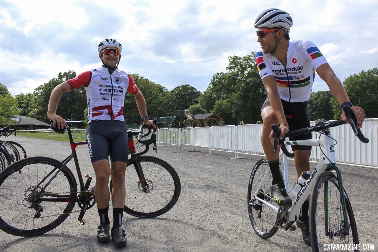 Pan-Am rivals Michael van den Ham and Curtis White chat before riding the course. 2019 Rochester Cyclocross Friday Pre-Ride. © Z. Schuster / Cyclocross Magazine