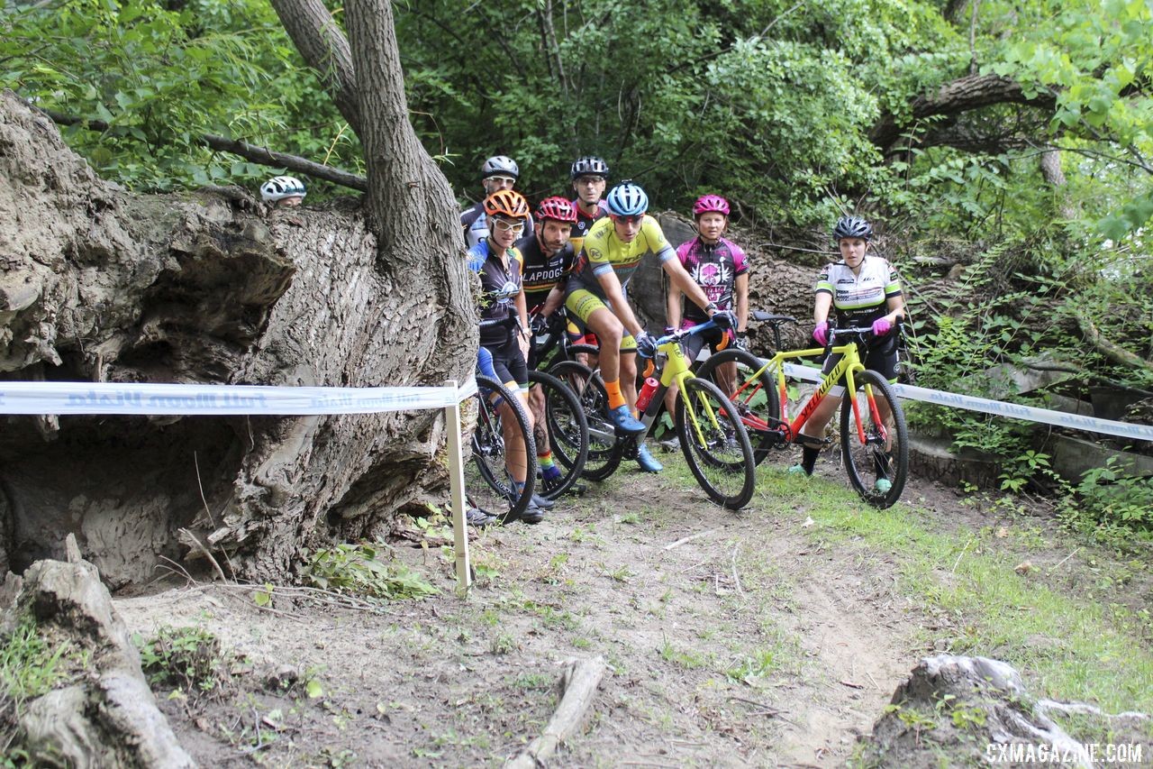 Kerry Werner and the clinic participants look over Double Trouble. 2019 Rochester Cyclocross Friday Pre-Ride. © Z. Schuster / Cyclocross Magazine