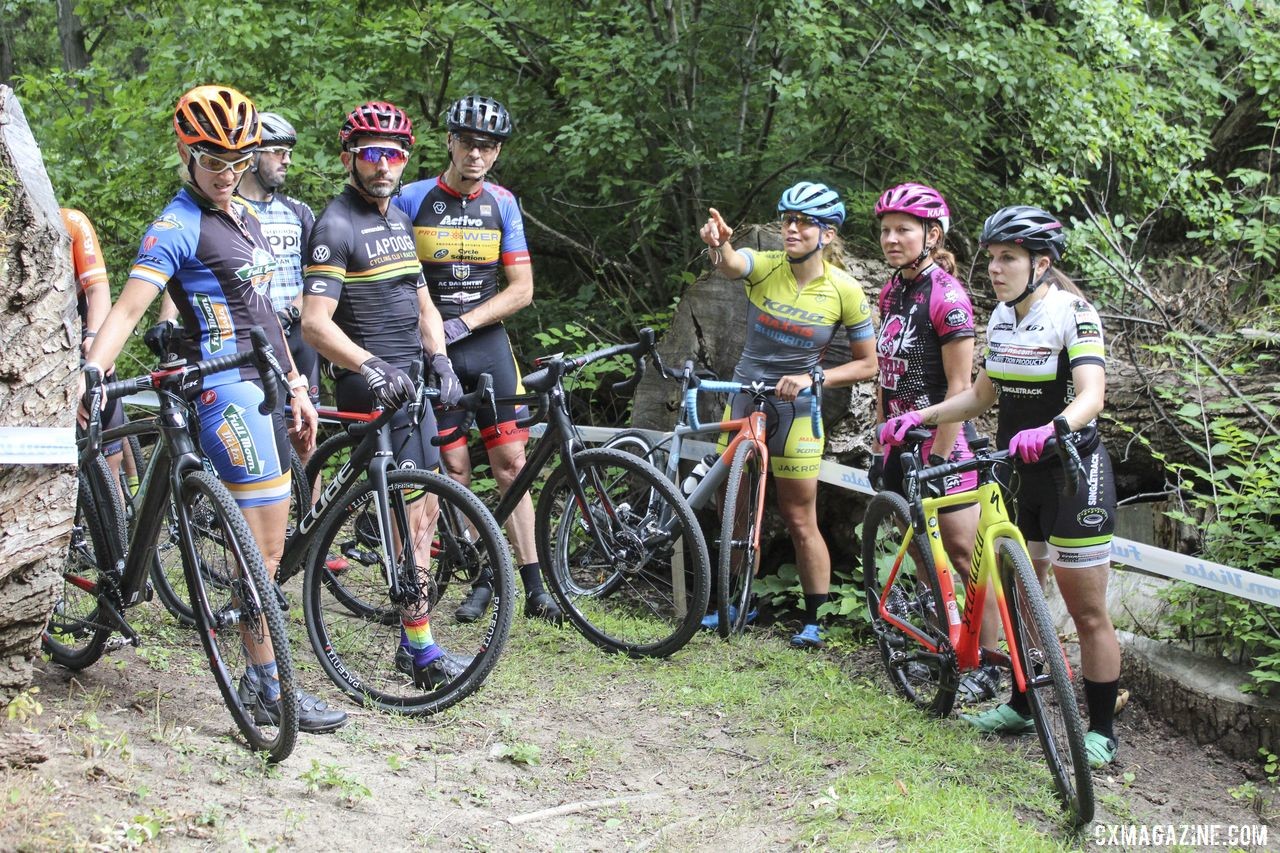 Becca Fahringer helps riders take on the first half of Double Trouble. 2019 Rochester Cyclocross Friday Pre-Ride. © Z. Schuster / Cyclocross Magazine
