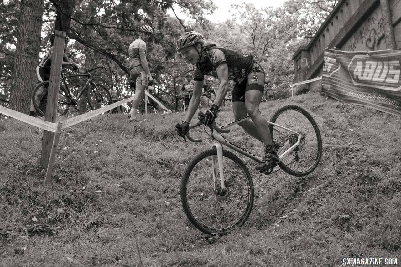 One of the clinic participants uses what she learned to take on Double Trouble. 2019 Rochester Cyclocross Friday Pre-Ride. © Z. Schuster / Cyclocross Magazine