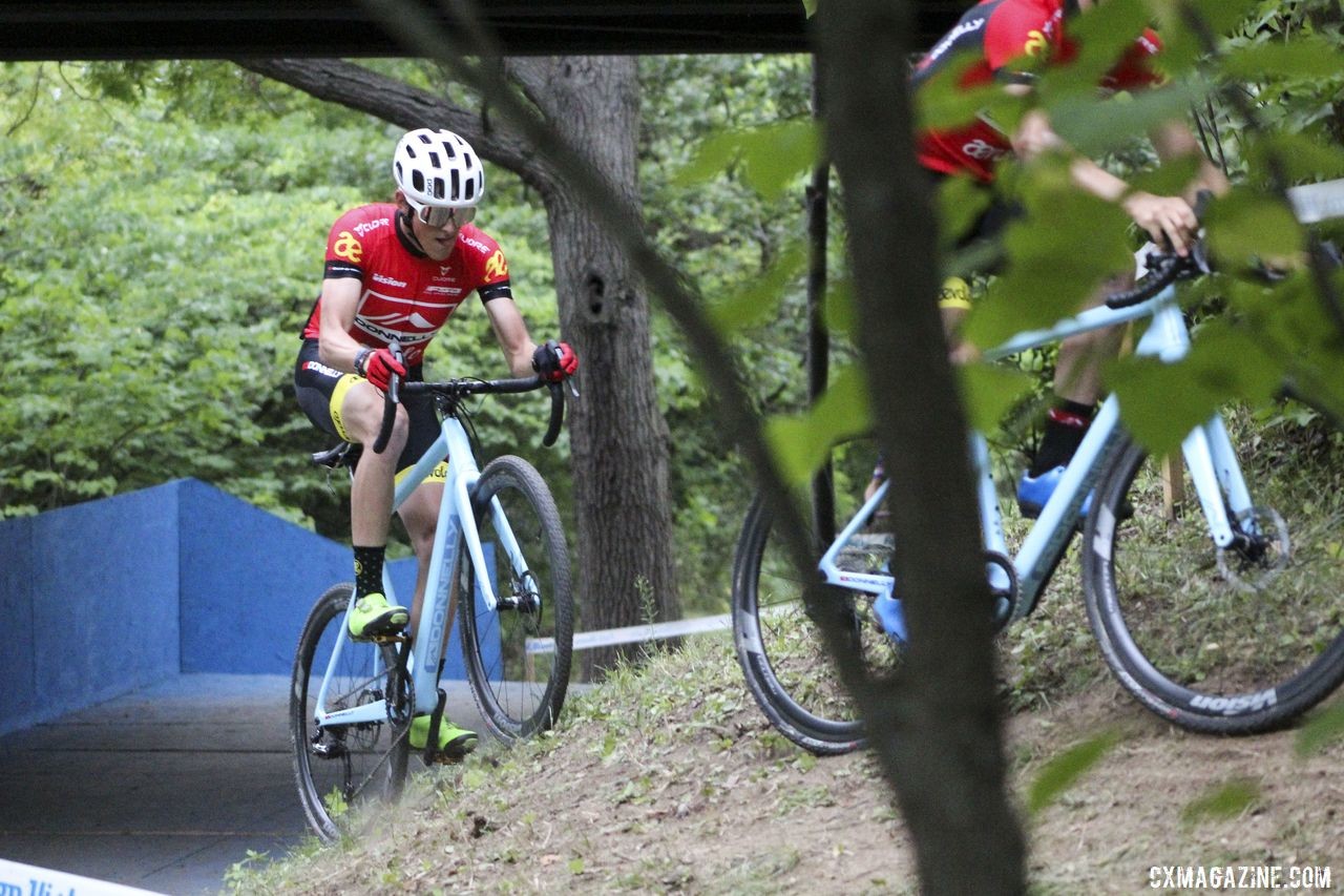 Gage Hecht exits the "Flyby" that keeps riders off the course below. 2019 Rochester Cyclocross Friday Pre-Ride. © Z. Schuster / Cyclocross Magazine