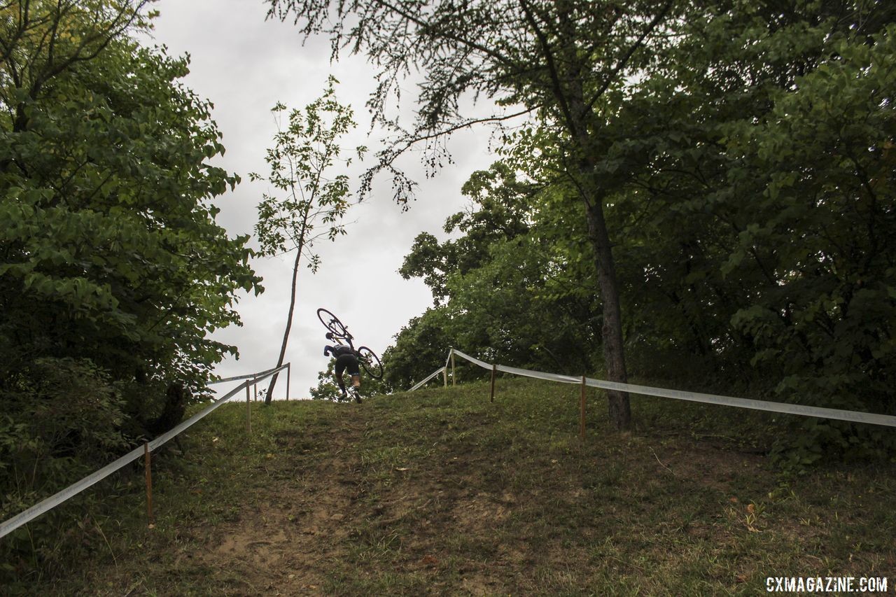 A rider scrambles up the steep run-up down by the historic Erie Canal. 2019 Rochester Cyclocross Friday Pre-Ride. © Z. Schuster / Cyclocross Magazine