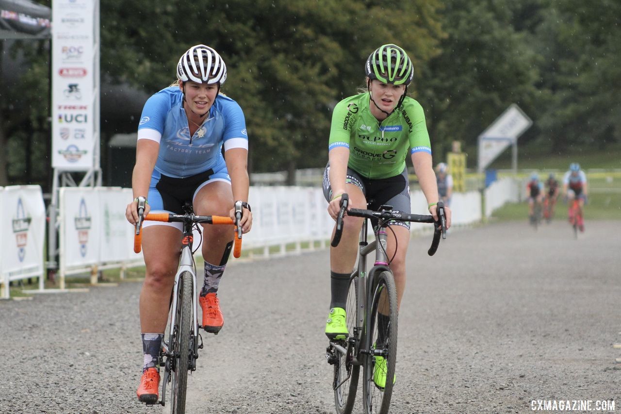 The Zoerner sisters Ashley and Lauren pre-ride together. 2019 Rochester Cyclocross Friday Pre-Ride. © Z. Schuster / Cyclocross Magazine