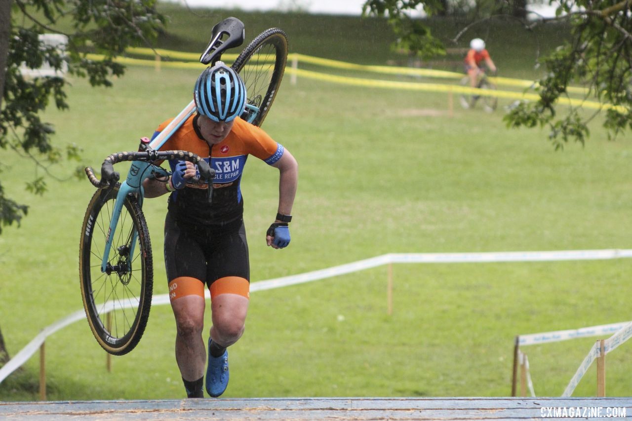 Beth Ann Orton runs up the Belgian staircase. 2019 Rochester Cyclocross Friday Pre-Ride. © Z. Schuster / Cyclocross Magazine