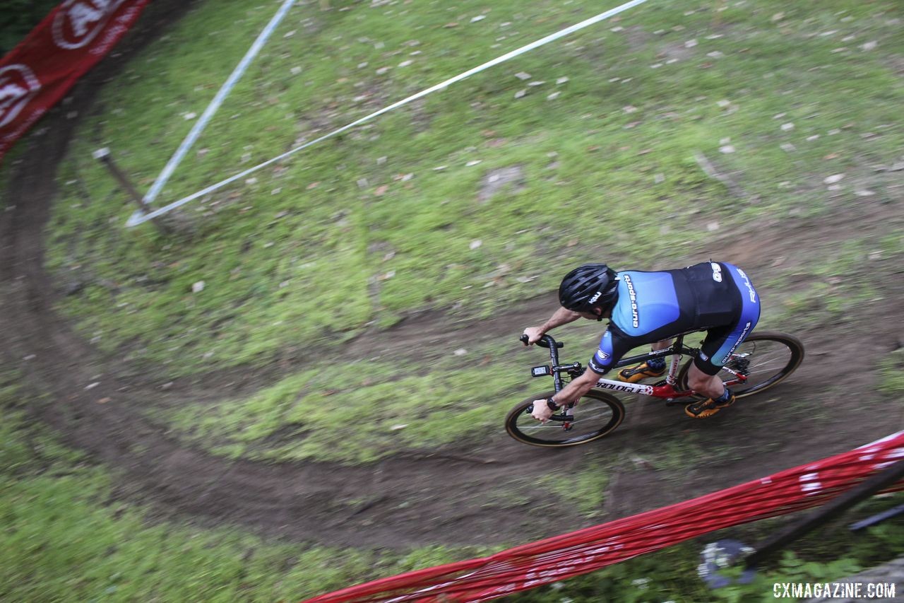 An amateur rider drops into the second part of Double Trouble. 2019 Rochester Cyclocross Friday Pre-Ride. © Z. Schuster / Cyclocross Magazine