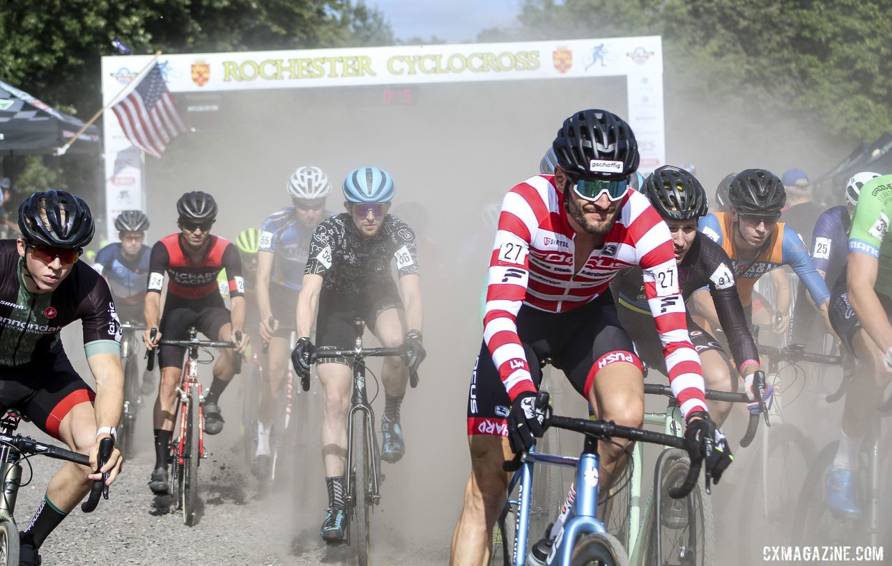 Swiss rider Lukas Winterberg and others kick up the dust at the start of Saturday's race. 2019 Rochester Cyclocross Day 1, Saturday. © Z. Schuster / Cyclocross Magazine