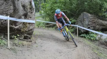 Kerry Werner passes through the entrance to Double Trouble, which was formed by cutting a downed willow tree. 2019 Rochester Cyclocross Day 2, Sunday. © Z. Schuster / Cyclocross Magazine