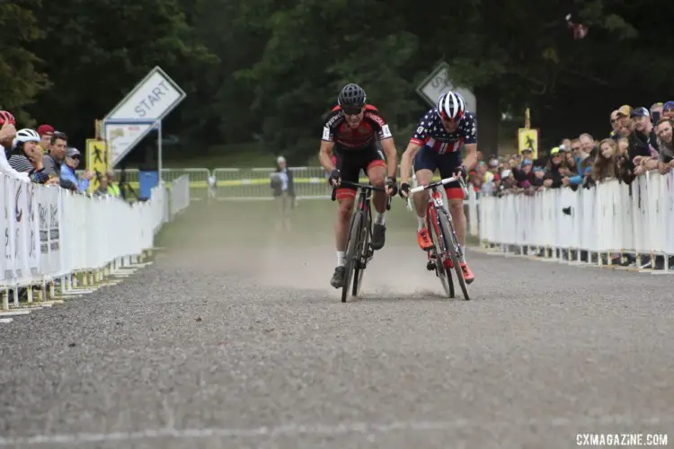 Stephen Hyde and Diether Sweeck sprint for second. 2019 Rochester Cyclocross Day 2, Sunday. © Z. Schuster / Cyclocross Magazine
