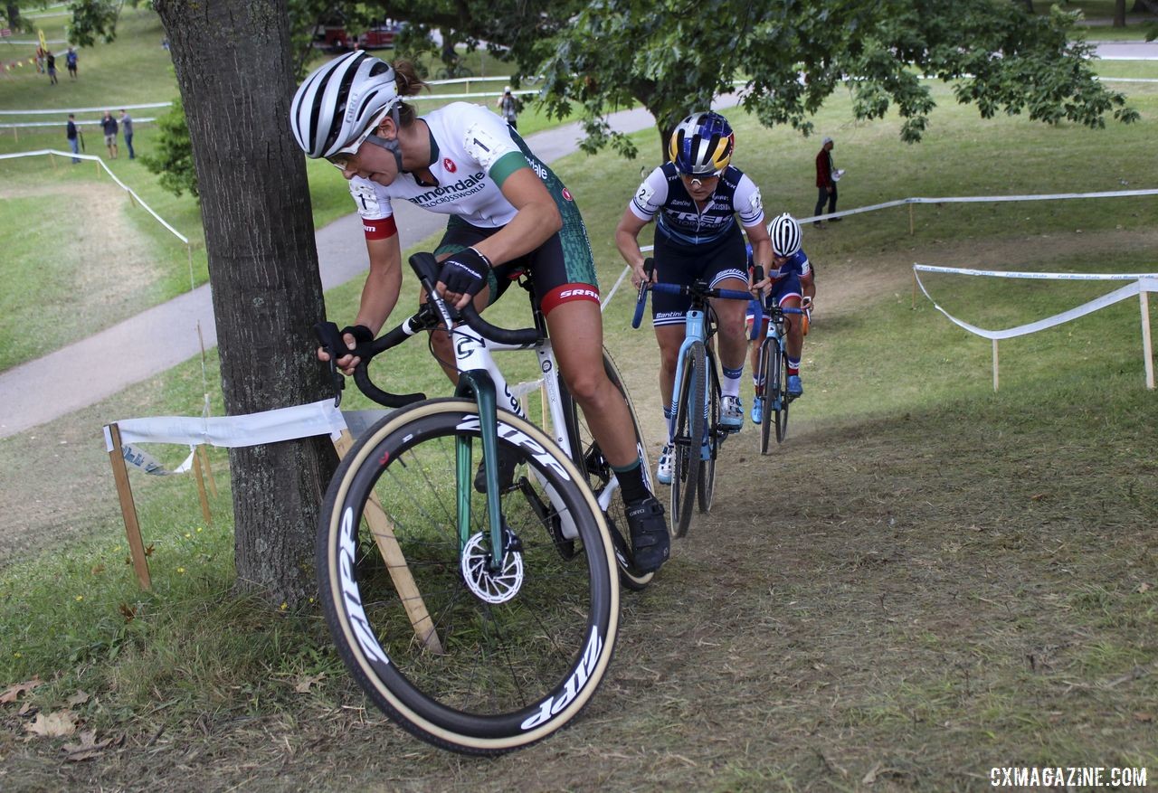 Kaitie Keough peeks around the corner on top of the steep climb before the technical section of the course. 2019 Rochester Cyclocross Day 1, Saturday. © Z. Schuster / Cyclocross Magazine