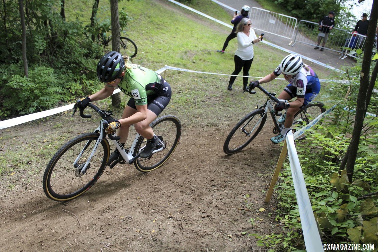 Nicole Bradbury and Emily Curley hit the off-camber at the entry to The Jungle. 2019 Rochester Cyclocross Day 1, Saturday. © Z. Schuster / Cyclocross Magazine