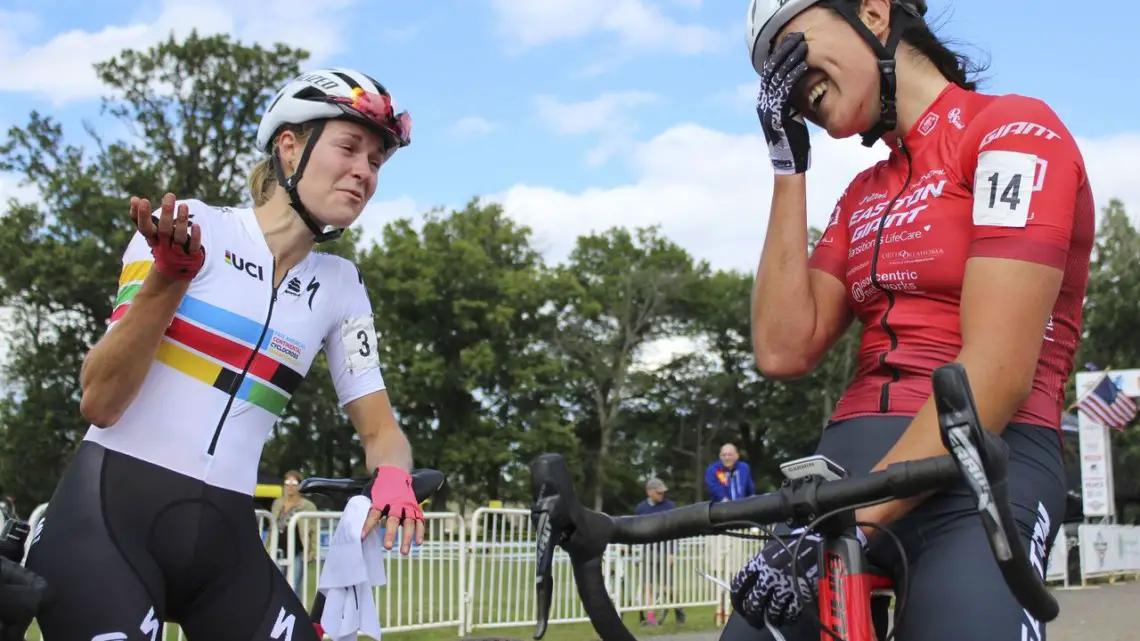 Maghalie Rochette and Jenn Jackson share a joke in Canadian. 2019 Rochester Cyclocross Day 1, Saturday. © Z. Schuster / Cyclocross Magazine