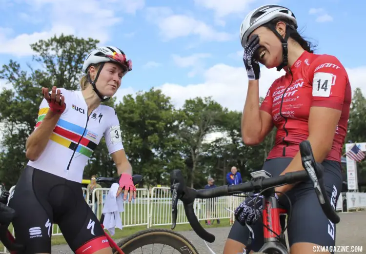 Maghalie Rochette and Jenn Jackson share a joke in Canadian. 2019 Rochester Cyclocross Day 1, Saturday. © Z. Schuster / Cyclocross Magazine