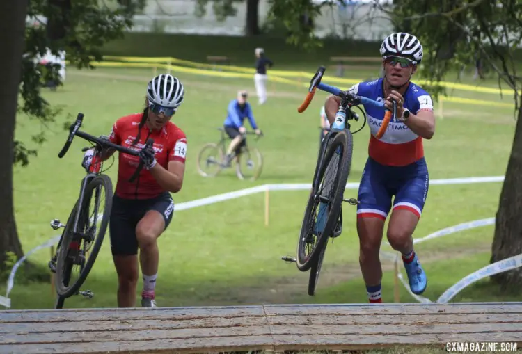 Caroline Mani and Jenn Jackson fly up the Belgian Stairs. 2019 Rochester Cyclocross Day 2, Sunday. © Z. Schuster / Cyclocross Magazine
