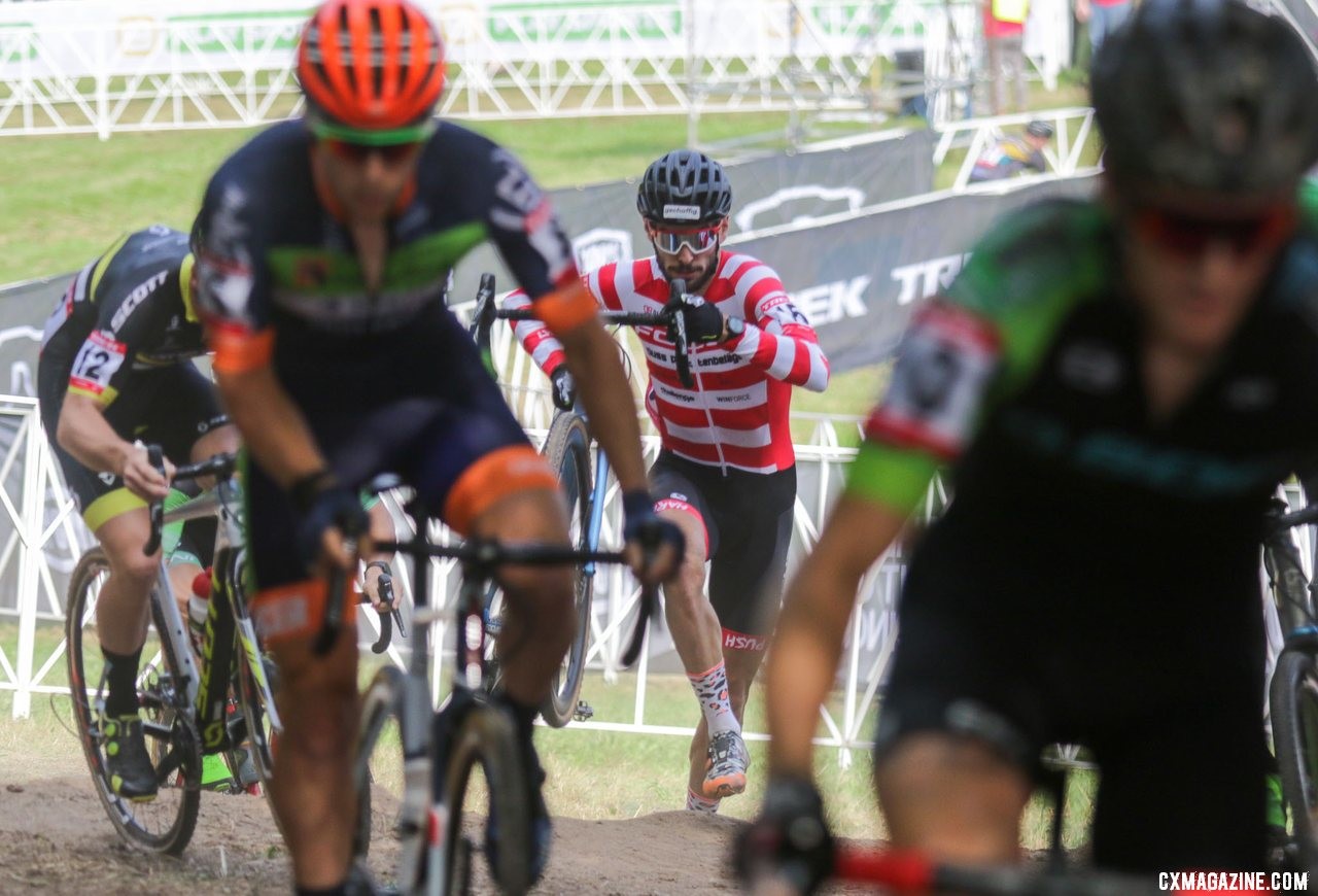 Lukas Winterberg runs up the stairs. Elite Men, 2019 Trek CX Cup. © D. Mable / Cyclocross Magazine