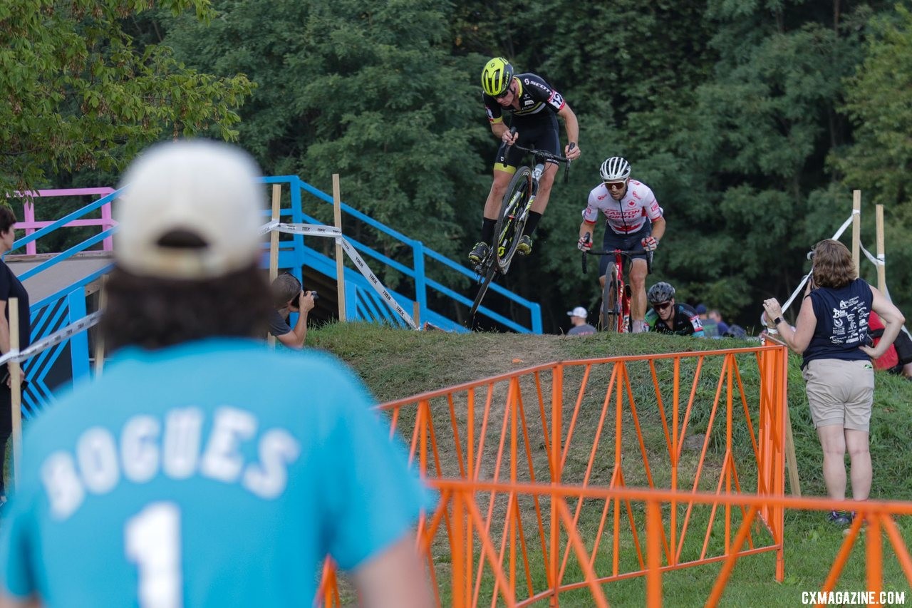 Kevin Kuhn sends it over the BMX feature. Elite Men, 2019 Trek CX Cup. © D. Mable / Cyclocross Magazine