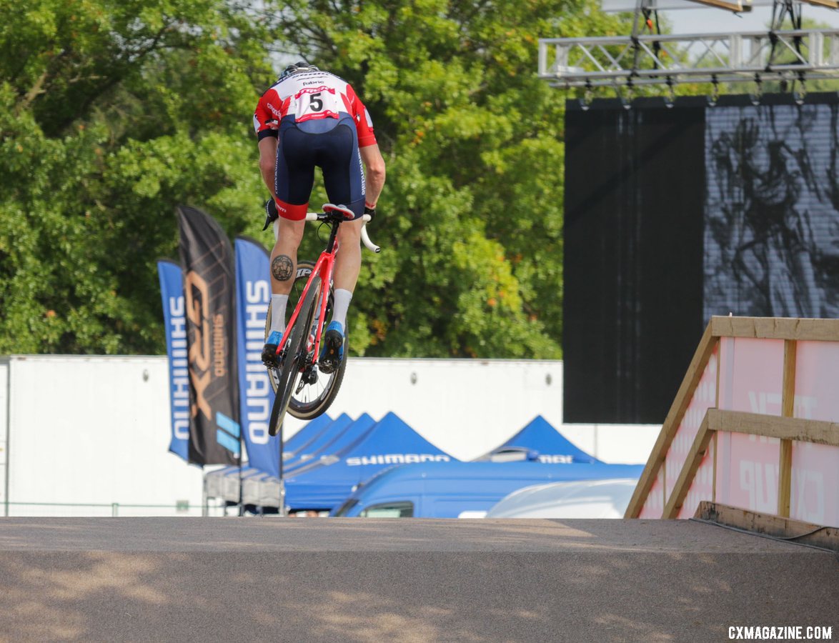 Stephen Hyde got rad off the flyover Friday afternoon. Elite Men, 2019 Trek CX Cup. © D. Mable / Cyclocross Magazine