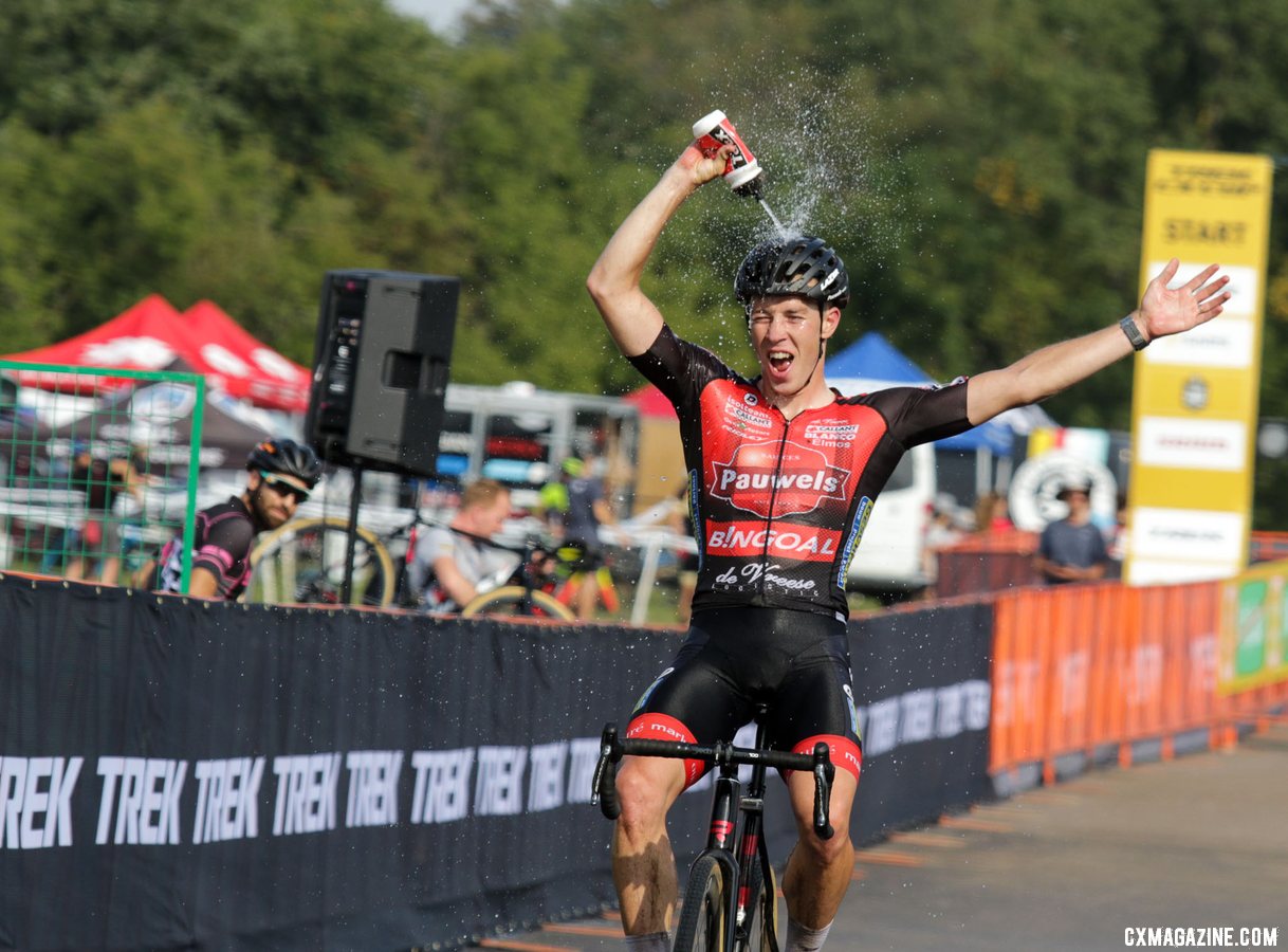 Laurens Sweeck got an impromptu shower after his win on the hot day. Elite Men, 2019 Trek CX Cup. © D. Mable / Cyclocross Magazine