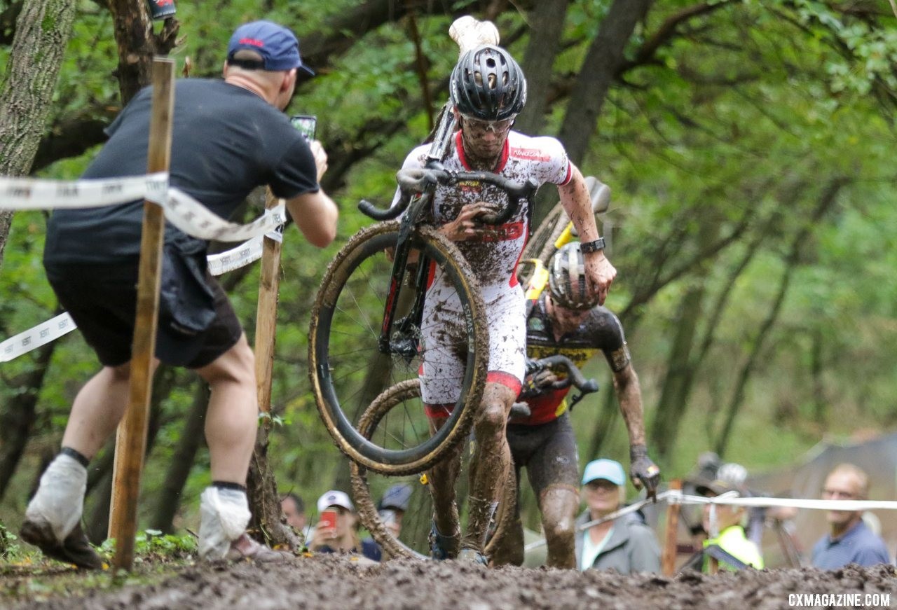 Eli Iserbyt and Toon Aerts took turns at the front until Iserbyt ran away midway through the race. 2019 World Cup Waterloo, Elite Men. © D. Mable / Cyclocross Magazine