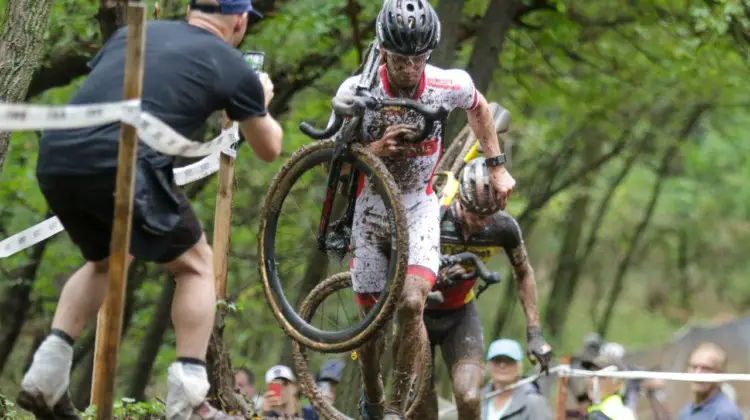 Eli Iserbyt and Toon Aerts took turns at the front until Iserbyt ran away midway through the race. 2019 World Cup Waterloo, Elite Men. © D. Mable / Cyclocross Magazine