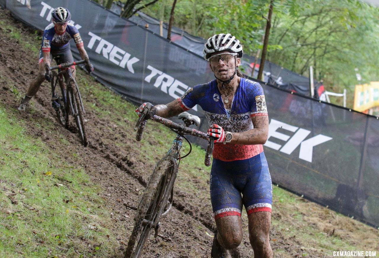 Caroline Mani started strong and chased Richards early in the first lap. 2019 World Cup Waterloo, Elite Women. © D. Mable / Cyclocross Magazine