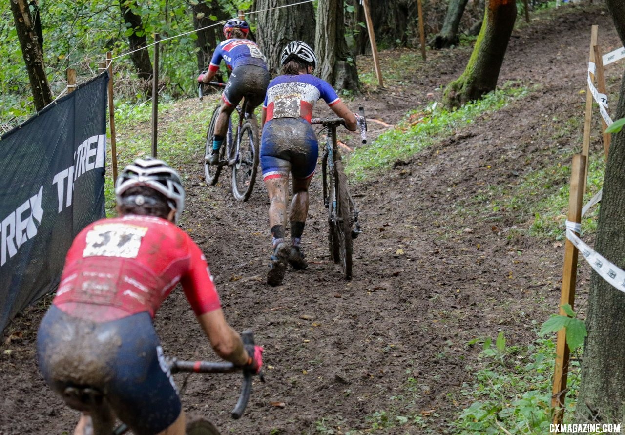 Katerina Nash rode up one of the climbs in the woods to take over solo second. 2019 World Cup Waterloo, Elite Women. © D. Mable / Cyclocross Magazine
