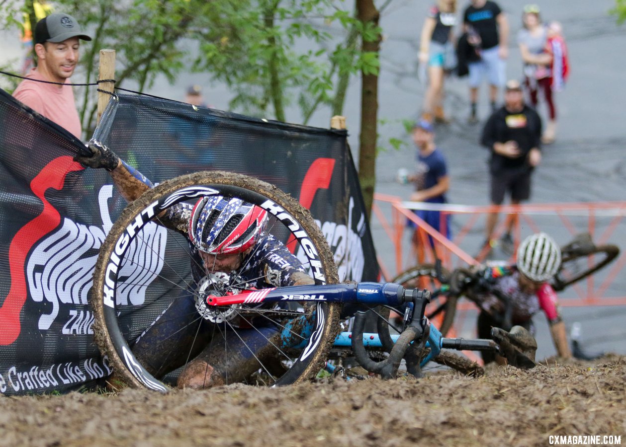Katie Compton was riding well before she slipping several times on the Segafredo Run-Up and dropped back. 2019 World Cup Waterloo, Elite Women. © D. Mable / Cyclocross Magazine
