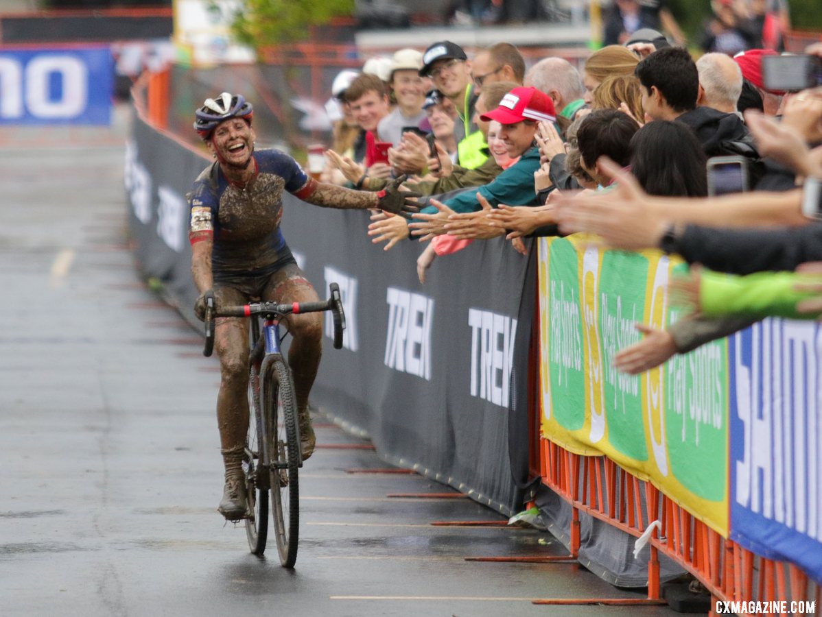 Katerina Nash high fives fans at the finish. 2019 World Cup Waterloo, Elite Women. © D. Mable / Cyclocross Magazine