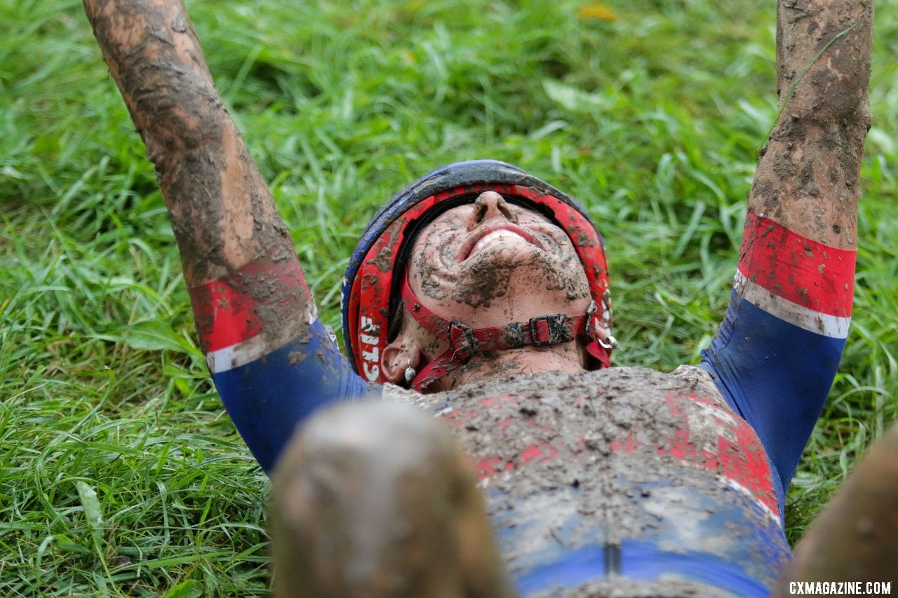 An exhausted Katerina Nash had enough left to celebrate after Sunday's race. 2019 World Cup Waterloo, Elite Women. © D. Mable / Cyclocross Magazine