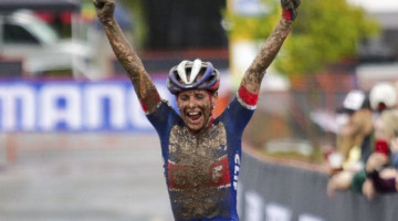 Katerina Nash celebrates her muddy win. Faces of the 2019 Trek CX Cup weekend. © D. Mable / Cyclocross Magazine