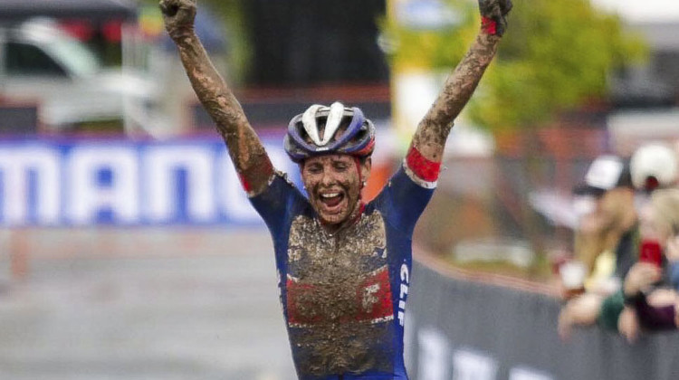 Katerina Nash celebrates her muddy win. Faces of the 2019 Trek CX Cup weekend. © D. Mable / Cyclocross Magazine