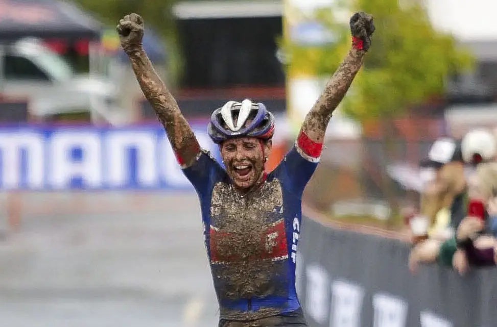 Katerina Nash celebrates her muddy win. Faces of the 2019 Trek CX Cup weekend. © D. Mable / Cyclocross Magazine